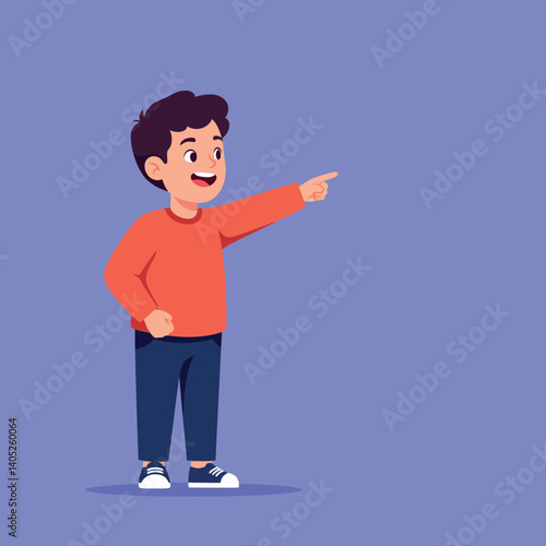 Cheerful young boy in a red shirt pointing excitedly against a purple background in flat vector art