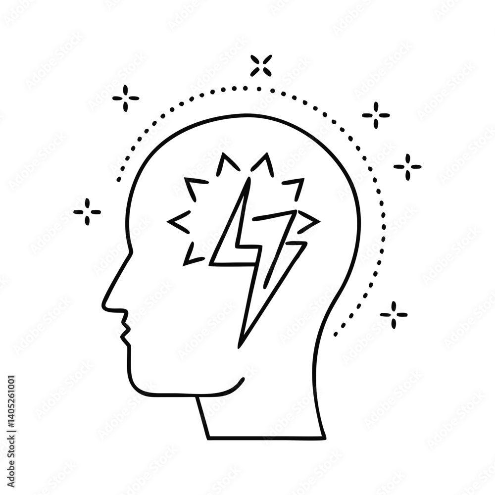 Brain icon with lightning, mental health, stress and anxiety theme for emotional awareness