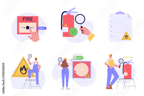 Fire safety control vector illustration set. Firefighter inspector checking firefighter equipment, fire extinguisher box, alarm system. Collection of fire inspection checklist, alarm system button