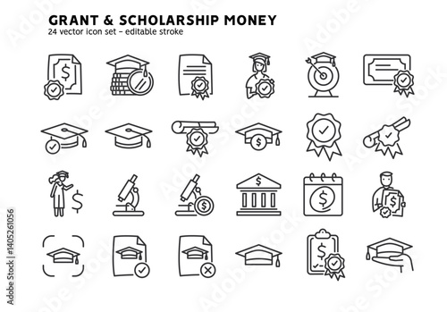 Taking grant or scholarship money icons set. Student pay education loan. Collection of grant certificate, university and college fee, study fund, scholarship money flat outline icons. Editable stroke