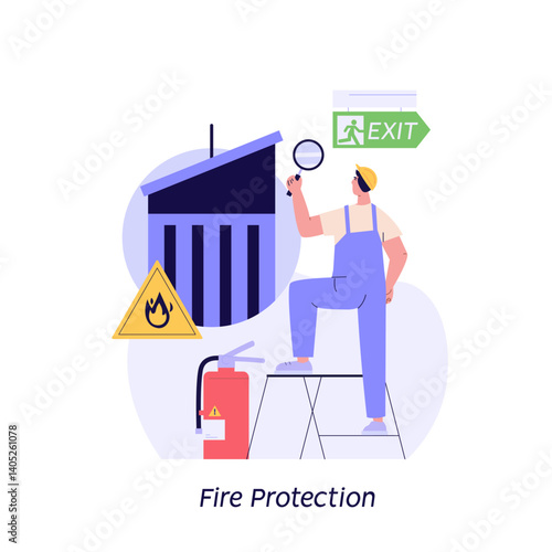 Person checking and improving house fire protection and safety. Safe home alarm system. Concept of fire insurance police, Real estate damage coverage, fire workplace inspection. Vector illustration