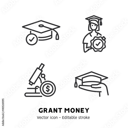 Taking grant or scholarship money icons set. Student pay education loan. Collection of grant certificate, university and college fee, study fund, scholarship money flat outline icons. Editable stroke