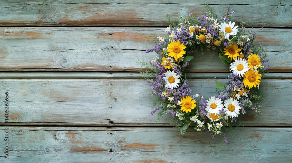 Obraz premium Colorful floral wreath on rustic wooden background with daisies and wildflowers