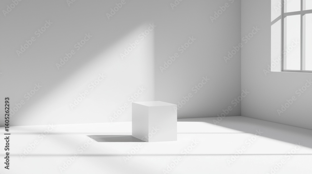 A minimalist white room with a large window and a white pedestal. A minimalist white room with a large window and a white pedestal.