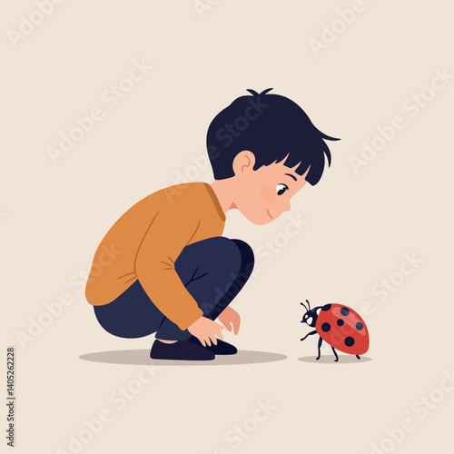 A young boy observing a ladybug closely while crouching on a light background in a playful and curious flat vector illustration