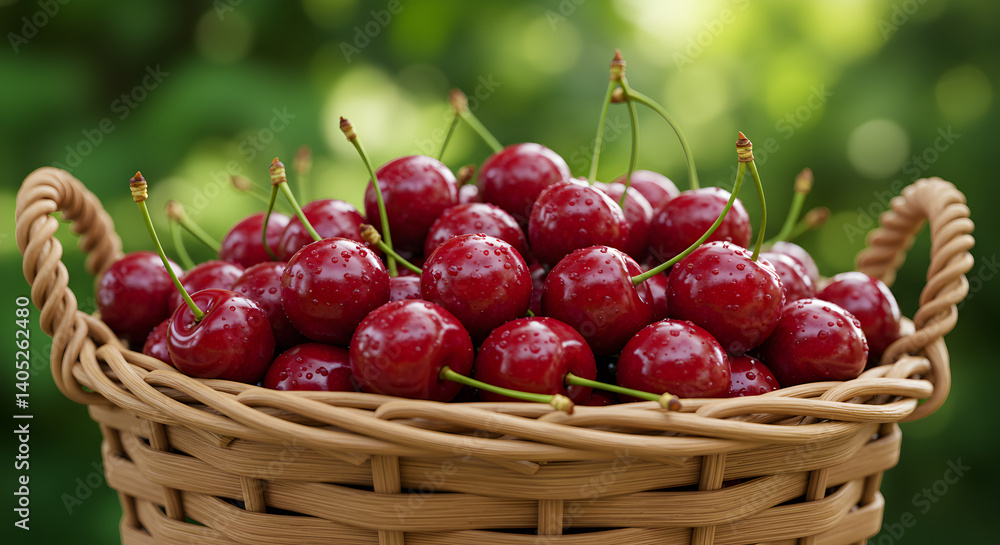 Abundance Of Freshly Picked Cherries In A Woven Basket With Green Backdrop Abundance Of Freshly Picked Cherries In A Woven Basket With Green Backdrop