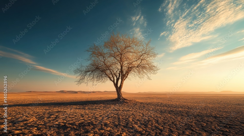 Solitary tree stands sentinel in a vast, arid landscape.