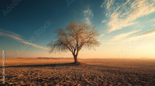 Obraz na płótnie Solitary tree stands sentinel in a vast, arid landscape. w salonie
