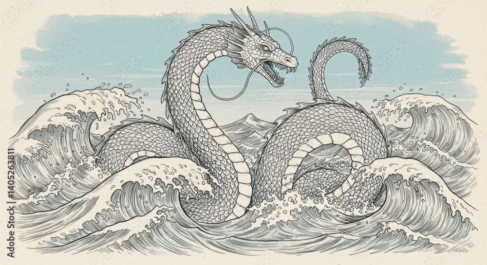 Obraz premium Sea Serpent Emerging from Waves Line Drawing