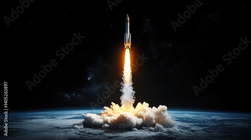 Fototapeta Naklejka Na Ścianę i Meble -  Digital rendering of rocket missile launch with fiery propulsion trail over black space backdrop