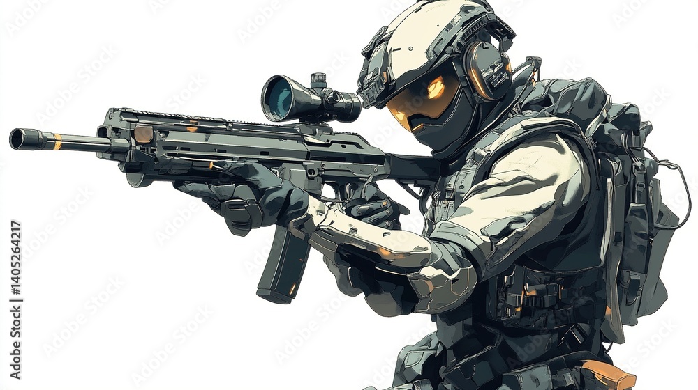 Futuristic soldier aiming rifle. (4) Futuristic soldier aiming rifle. (4)