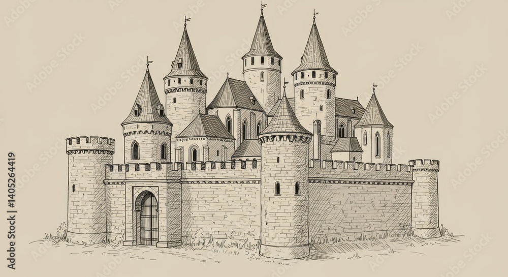 Fototapeta premium Medieval European Castle Line Art Drawing
