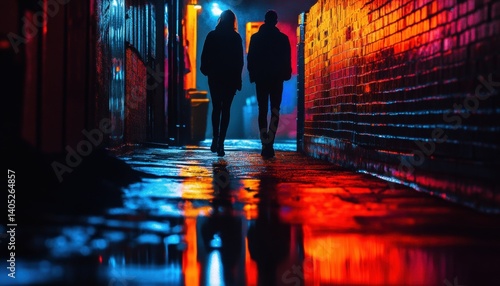 Two figures walk a vibrant, nighttime alleyway.