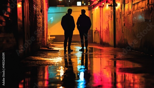 Obraz na płótnie Two men stand in a dimly lit urban alleyway at night. w salonie