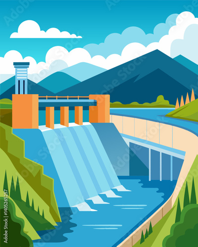 The river below the hydroelectric dam flows calmly its waters not needed to generate the excess energy being produced by the nearby power plant.. Vector illustration