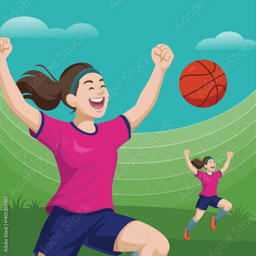 Happy basketball Woman Scorer player celebrating a victory on the court vector illustration