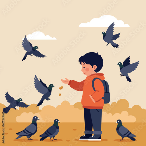 A young boy in an orange jacket feeding pigeons in a park setting, illustrated in a flat design vector art style, surrounded by playful birds and a warm atmosphere
