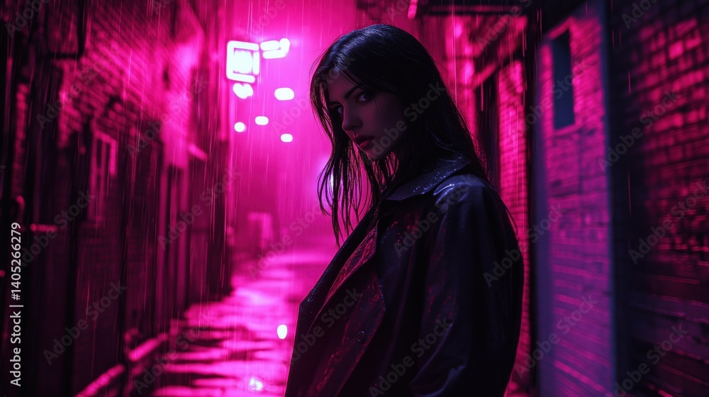 Neon-lit alleyway encounter with a mysterious woman.