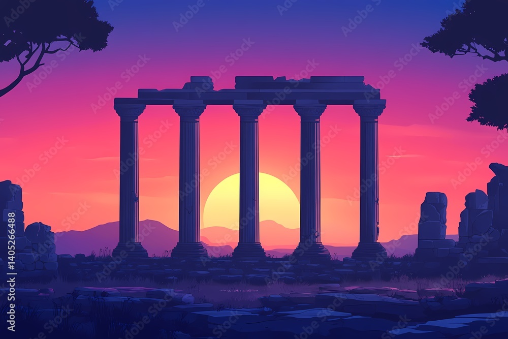 Naklejka premium Experience a Mystical Sunset at Ancient Greek Ruins. A Vibrant Digital Art Depiction of Greek Architecture and Silhouetted Columns Against a Colorful Sky