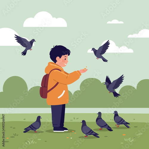 A young boy in an orange jacket feeding pigeons while surrounded by a tranquil park setting in a flat vector illustration