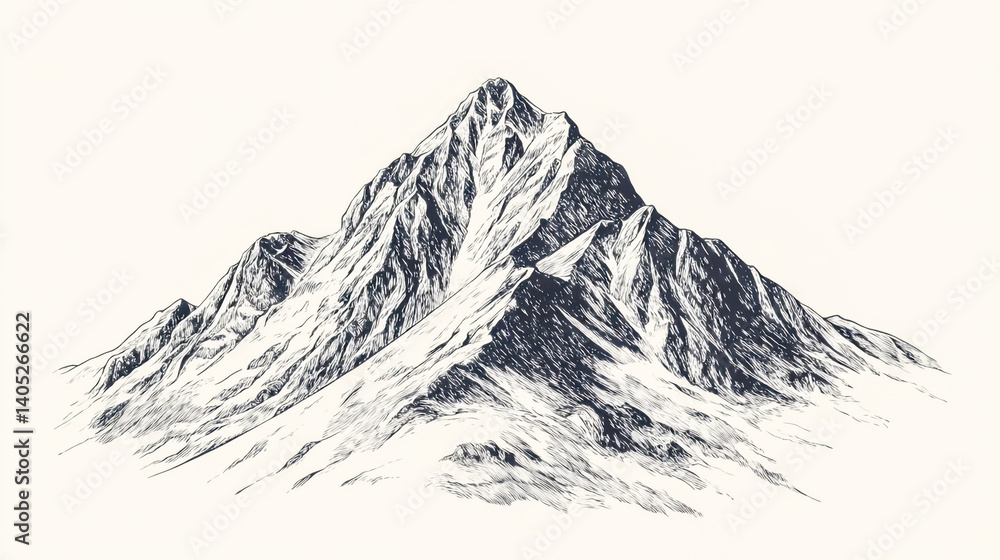 Obraz premium Intricate vintage-style woodcut engraving of a rugged mountain summit, illustrated in retro hand-drawn etching style
