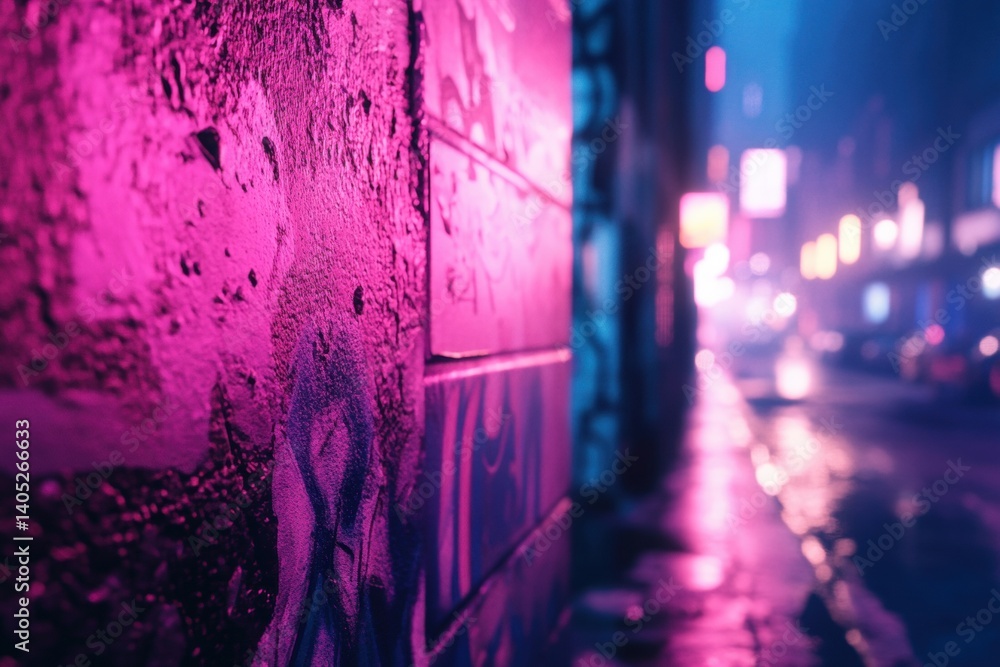 Vibrant neon glow illuminates a city alley wall at night.