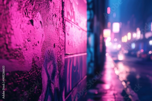 Obraz na płótnie Vibrant neon glow illuminates a city alley wall at night. w salonie