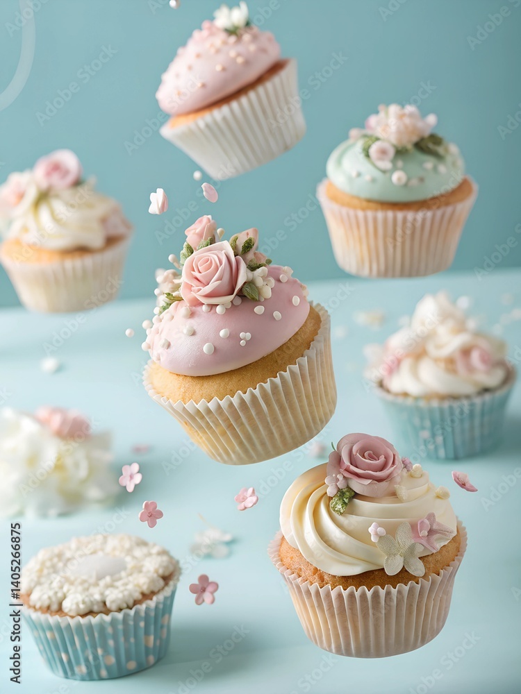 Elegant cupcakes decorated with sugar roses and fondant flowers, pastel backgrounds, wedding theme Elegant cupcakes decorated with sugar roses and fondant flowers, pastel backgrounds, wedding theme