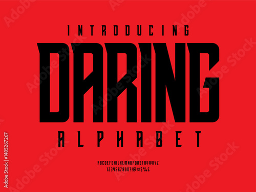 Modern gothic style alphabet design with uppercase, numbers and symbols