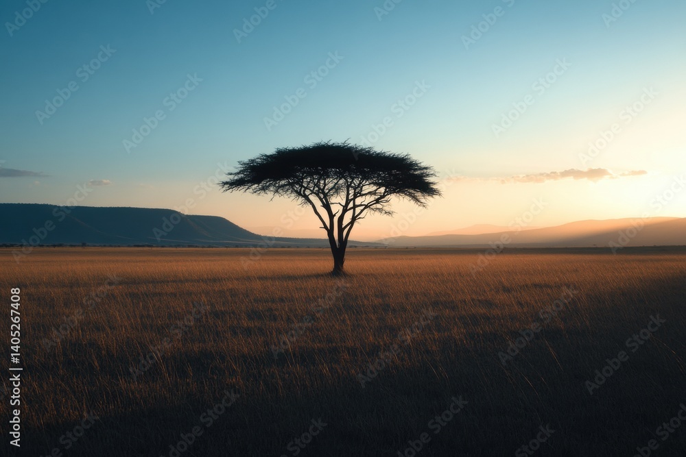 Solitary acacia tree silhouetted against a golden African sunset.