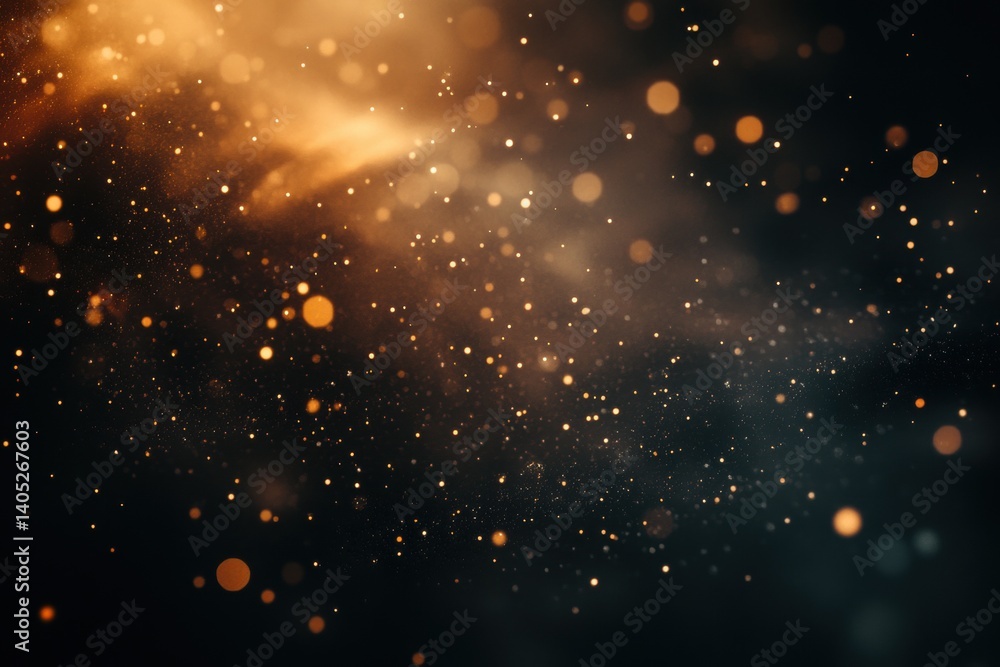Abstract cosmic bokeh display of golden particles.