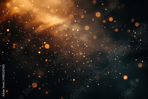 Abstract cosmic bokeh display of golden particles.