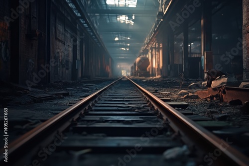 Abandoned railway tracks leading into a dilapidated industrial complex.