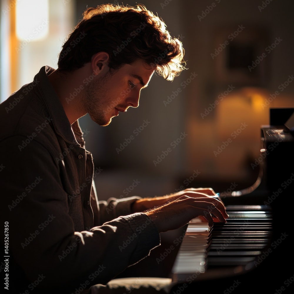A young man engrossed in piano performance.