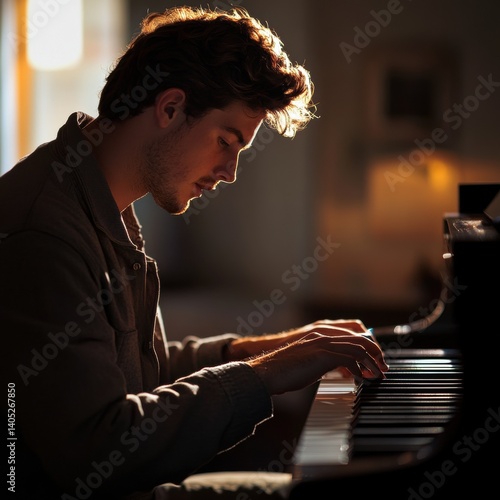 Obraz na płótnie A young man engrossed in piano performance. w salonie