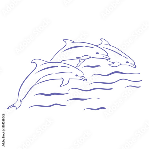 Dolphin fish outline sketch drawing. Hand drawn sea dolphin. Vintage hand drawn line tattoo. Engraved sea animal. Blue doodle engraving.