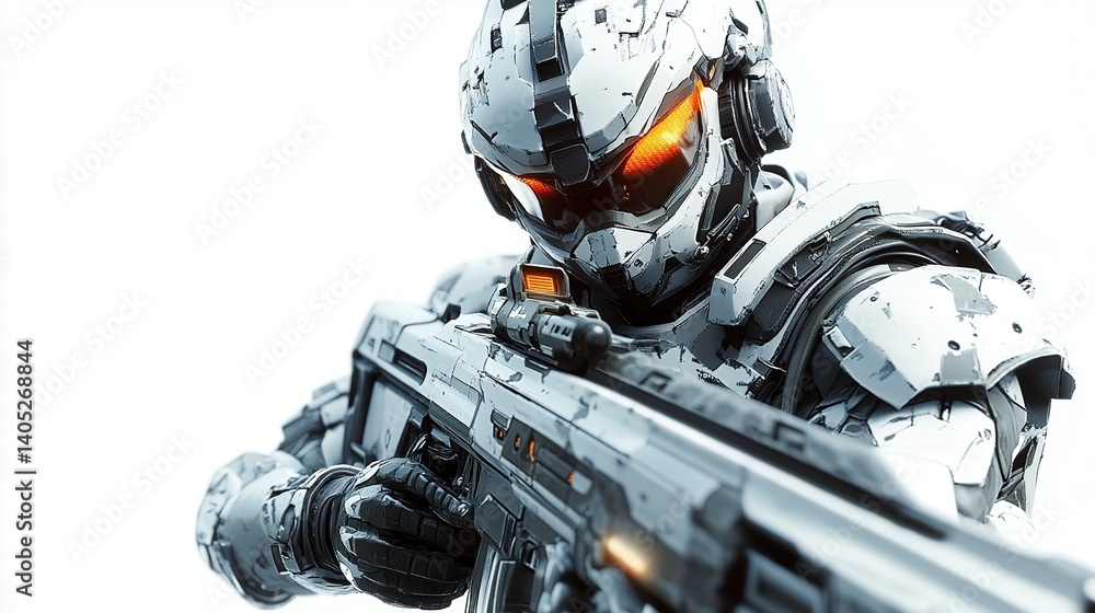 Fototapeta premium Futuristic soldier aiming rifle, white background.