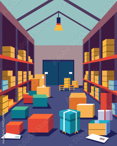 The overstocked warehouse seemed to swallow up any hope of organization with chaos reigning supreme.. Vector illustration