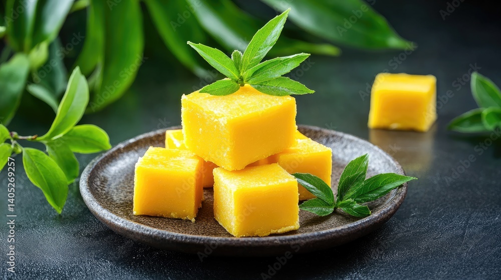 Vibrant yellow mango burfi cubes stacked on rustic plate, made with mango pulp and condensed milk Vibrant yellow mango burfi cubes stacked on rustic plate, made with mango pulp and condensed milk