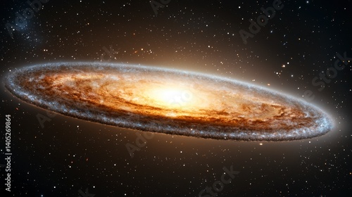 Spiral Galaxy in Deep Space Golden Core and Blueish White Arms