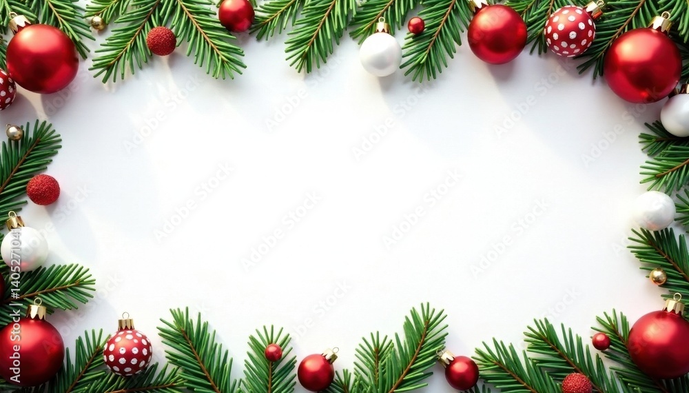 Festive red, green & white ornaments, pine branches border White background , frame, graphic, ornaments Festive red, green & white ornaments, pine branches border White background , frame, graphic, ornaments