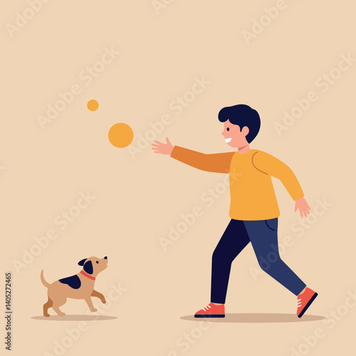 A joyful boy in a yellow sweater playing fetch with a small dog in a flat, minimal style vector illustration