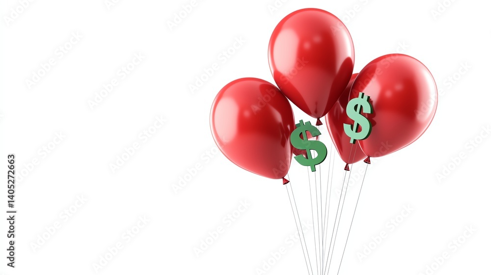 ascending red balloons with green dollar signs, inflationary trend symbol, vector art, isolated on white background ascending red balloons with green dollar signs, inflationary trend symbol, vector art, isolated on white background