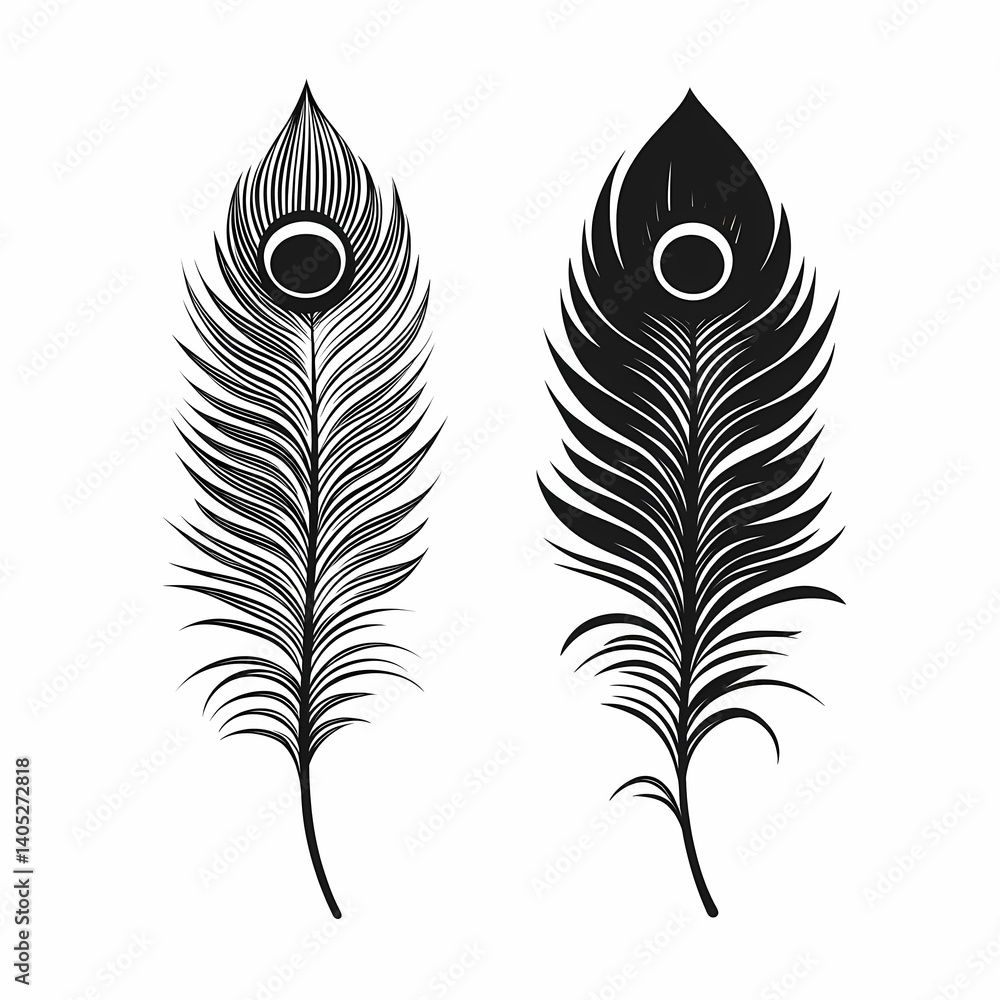 Obraz premium Monochrome Elegant Peacock Feather Illustration. Artistic Wildlife Design with Detailed Ornamental Patterns