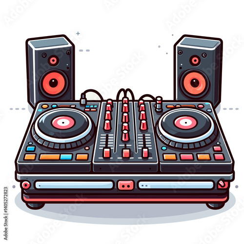 DJ turntable setup with speakers and mixer. Ideal for music production equipment, nightclub entertainment systems, professional audio gear, or electronic music performance illustrations.