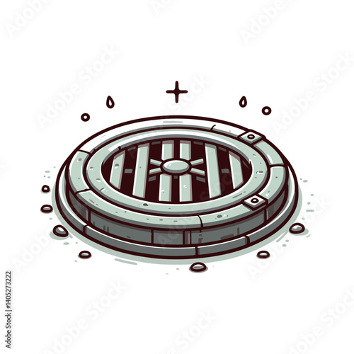 Manhole cover with drainage pattern, urban infrastructure element. Perfect for city utilities, underground systems, urban planning, and municipal service illustrations.