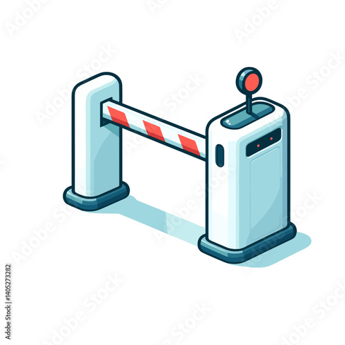 Automated entrance barrier gate with red and white pole, security checkpoint. Suitable for parking facilities, restricted areas, access control systems, and security infrastructure.