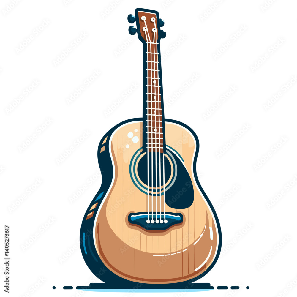 Obraz premium Acoustic guitar in natural wood finish with detailed string design. Perfect for musical instrument collections, folk music performances, and string instrument illustrations.