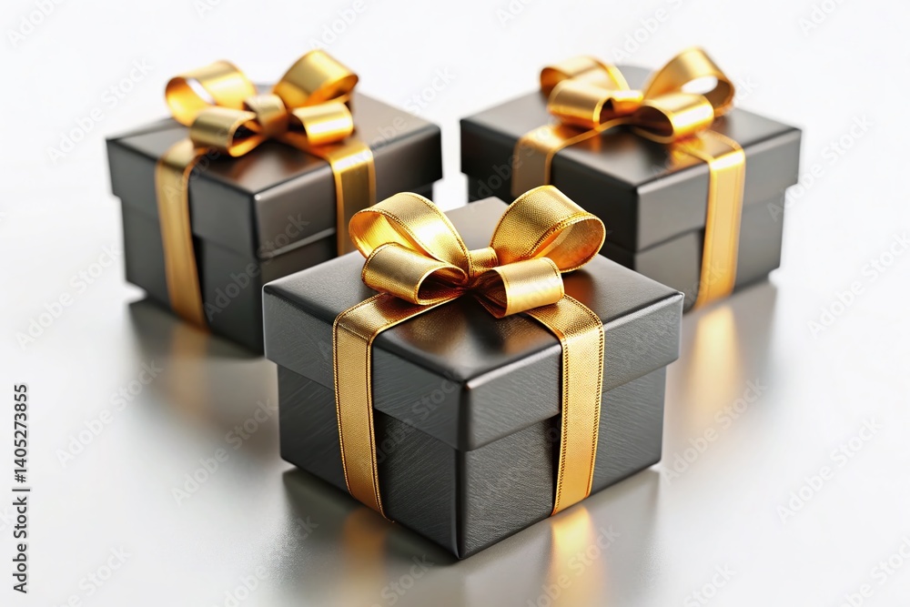 Obraz premium Gift Boxes of Celebration: Elegant gift boxes with golden ribbons, ready to share the joy of a special occasion or present a thoughtful token of appreciation.