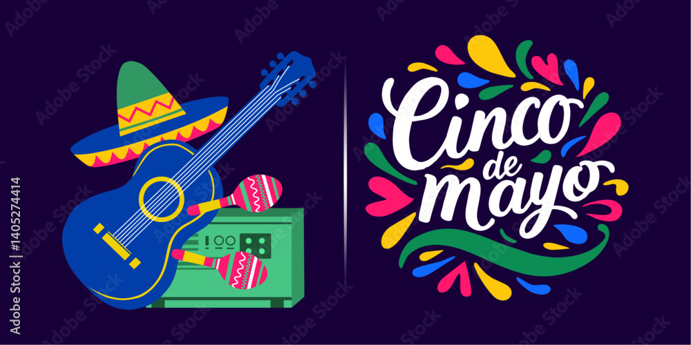 Happy Cinco de Mayo design template with guitar, Mexican hat, and other typical ornaments. best Cinco de mayo banner. Cinco de mayo lettering. Cinco de mayo typography. Happy Cinco de Mayo design template with guitar, Mexican hat, and other typical ornaments. best Cinco de mayo banner. Cinco de mayo lettering. Cinco de mayo typography.